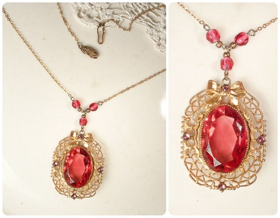 Antique Pink Glass Crystal Filigree Necklace, Vau… - image 1