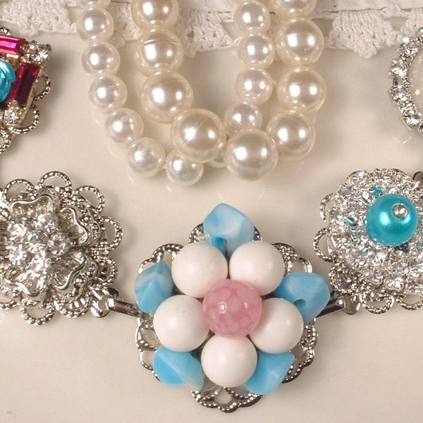Teal Aqua Blue, Pink Pearl & Rhinestone Silver Bridal Bracelet, Turquoise Raspberry Vintage Cluster Earring Bridesmaid Jewelry Wedding Gift