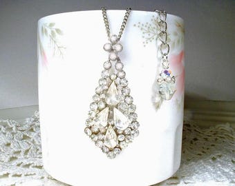 Vintage Art Deco Rhinestone Pendant Necklace,Bridal Silver Antique 1920s Wedding Jewelry 1940s Something Old Gift Crystal Diamante Lavaliere