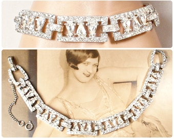 PRISTINE Vintage Art Deco Old Hollywood Glam Flapper Bracelet,Clear Marquise Rhinestone Silver Wide Link,Gatsby 1920s Bridal Wedding Jewelry
