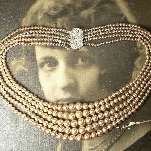 PRiSTiNe 1940s Vintage Art Deco Champagne Ivory Pearl Necklace, Bridal/Wedding 5 Multi Strand Glass Pearl Rhinestone Clasp Antique Statement