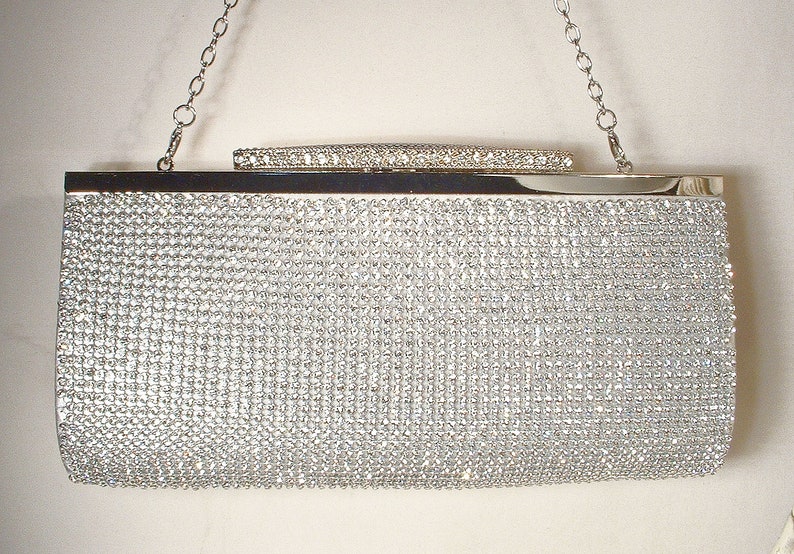 PRISTINE Art Deco Silver Rhinestone Evening Purse,Jewel Clutch/CrossBody Bag,1920s Vintage Wedding Old Hollywood Glam Handbag Flapper Bridal image 8