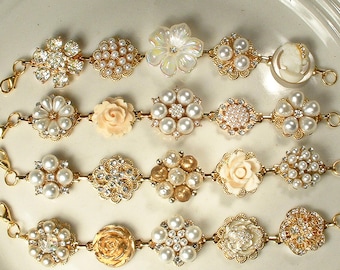 OOAK Vintage Gold Pearl Bridal Bracelet, 1 Rhinestone Bridesmaid Something Old Gift Ivory/White/Champagne Earring Bracelet Wedding, Flower