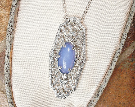 ANTiQue 1930s Art Deco Blue Chalcedony Gem Silver… - image 3