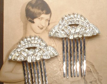 OOAK Vintage Crystal Art Deco Hair Comb PAIR, Art Nouveau 1930s Vintage Wedding Hairpiece Paste Rhinestone 1920s Bridal HeadPiece Gatsby