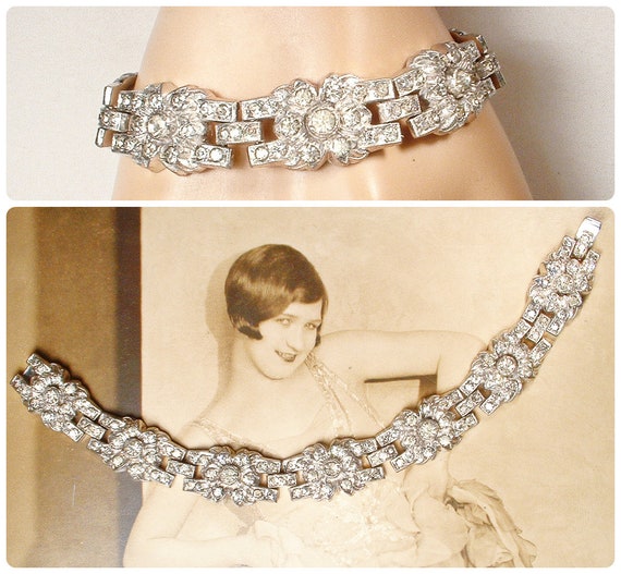 Vintage 1940s Art Deco Bracelet, Princess Cut Rhi… - image 1