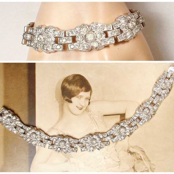 Vintage 1940s Art Deco Bracelet, Princess Cut Rhinestone Link Flapper Bridal, Silver Crystal Great Gatsby 1920 Vintage Wedding 1920s Paste