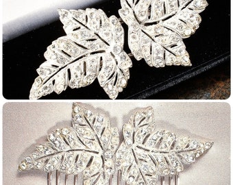 ANTIGUO Peine de pelo Art Nouveau / Clips de vestido Broche Duette, Tocado nupcial de hoja de Rhinestone Nouveau Vintage 1920s 1930s Regalo de postizo de boda