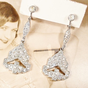 ANTIK 1920-tals Art Deco-örhängen, Vintage Bröllop/Brudhänge Silver Franska Paste Strass Droppe Gatsby Flapper 1930-tals Skruvfäste/Stolpar