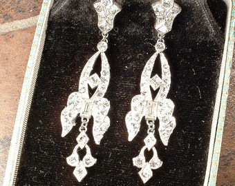 ANTIQUE 1930s Art Deco French Paste Dangle Chandelier Earrings, Silver Rhinestone Gatsby Flapper Bridal 1920s Vintage Wedding Screw On/Posts