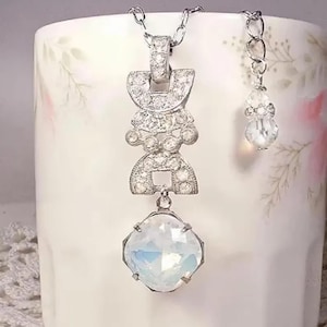 Vintage Art Deco White OPAL Pendant Necklace, Glass Rhinestone Silver Flapper Bridal Gatsby 1920s Wedding 1920 Something Old Antique Gift