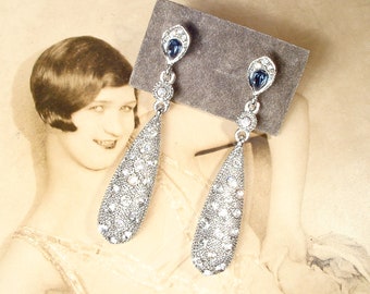 Art Deco Clear & Sapphire Rhinestone Dangle Flapper Earrings, Old Hollywood Glam Silver Long Bridal/Wedding Drop 1920s Style Something Blue