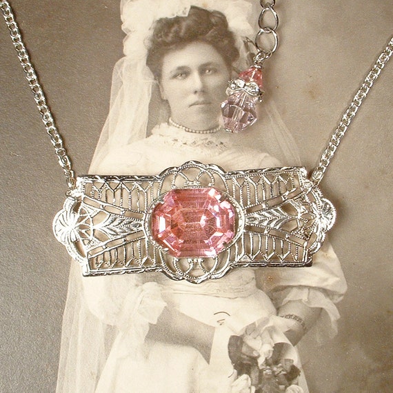 OOAK Antique Pink Crystal Rhinestone Silver Rhodi… - image 2