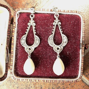 Vintage Art Deco/Nouveau Pearl Bridal Earrings, 1920s Flapper Pave Rhinestone Antique Silver Dangle Ivory Drops, Gatsby Wedding Jewelry image 6