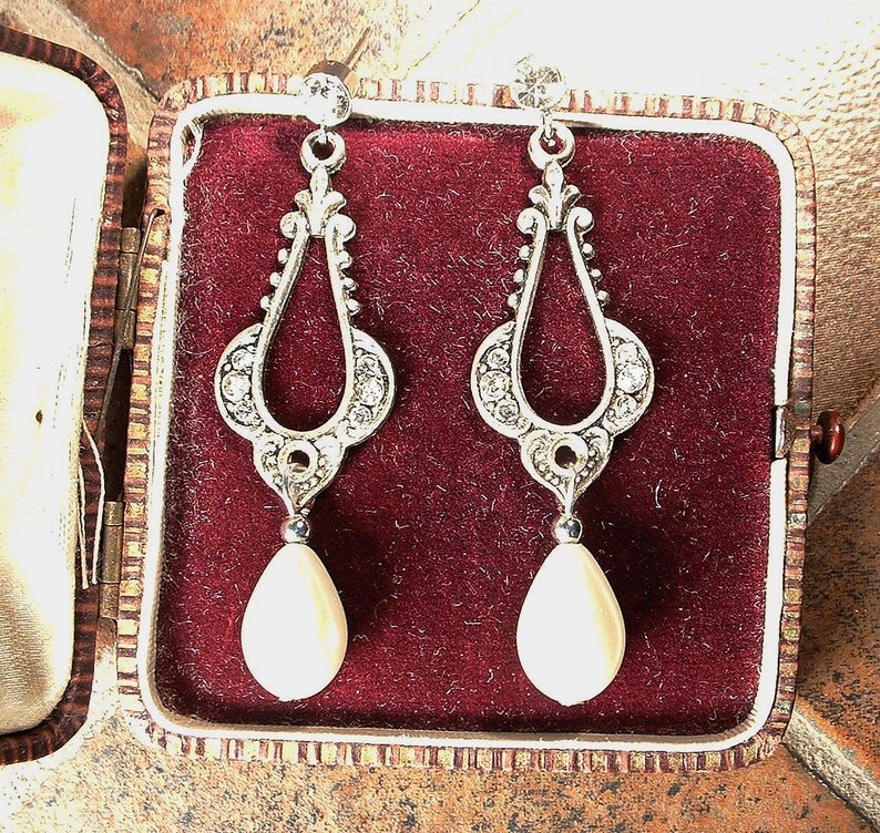 Vintage Art Deco/Nouveau Pearl Bridal Earrings, 1920s Flapper Pave Rhinestone Antique Silver Dangle Ivory Drops, Gatsby Wedding Jewelry image 6