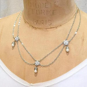 Vintage parel strass zilveren bruidsketting, art deco swag Edwardian Downton gelaagde drop slabbetje, romantische etherische jaren 1920 bruiloft PRISTINE