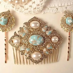 Vintage Turquoise Ivory Pearl Gold Bridal Hair Comb & Pins,1920s Art Deco Antique Gold Aqua Blue Dress Sash Brooch Headpiece Bobby Stick Pin