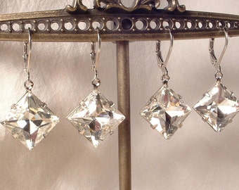 Art Deco Crystal Rhinestone Silver Dangle Drop Earrings Bridesmaid Gift Set 4 5 6 7 Square 1920s Bridal Jewelry Great Gatsby Wedding Vintage