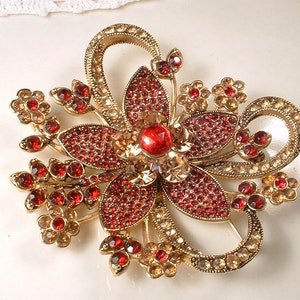 Vintage Red Brooch/Hair Comb, Large Gold Garnet Ruby Rhinestone Wedding Dress Sash/Bridal Headpiece, Wedding Flower Hairpiece Chinese Indian Leave as a Brooch