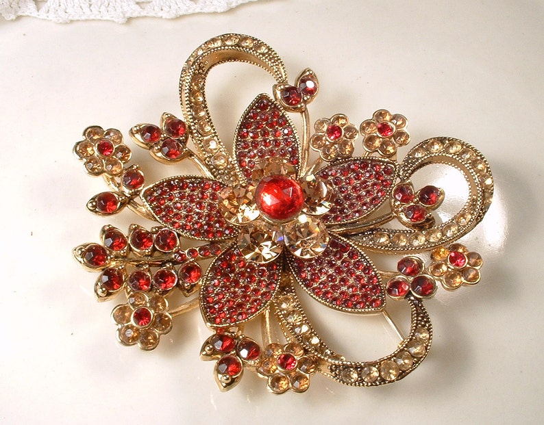 Vintage Red Brooch/Hair Comb, Large Gold Garnet Ruby Rhinestone Wedding Dress Sash/Bridal Headpiece, Wedding Flower Hairpiece Chinese Indian Leave as a Brooch