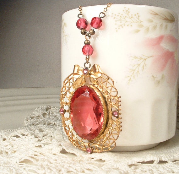 Antique Pink Glass Crystal Filigree Necklace, Vau… - image 4