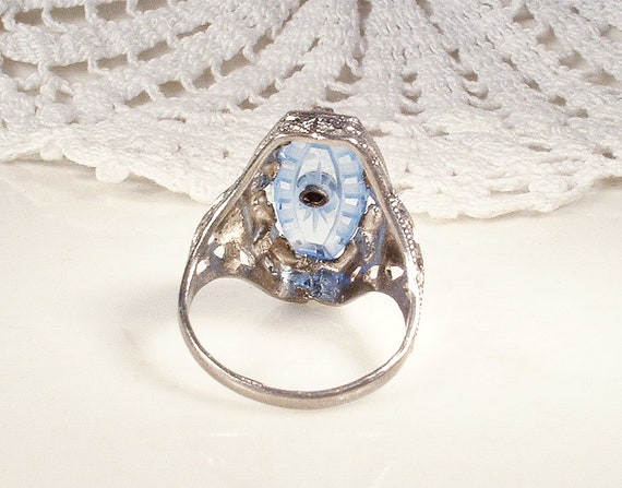 Antique Blue Camphor Glass Ring, 1920s Silver Rho… - image 9