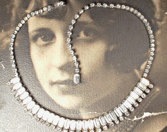Vintage WEISS Baguette Rhinestone Necklace, Silver Art Deco Glam Bridal Choker,Flapper Gatsby 1920s Wedding Tennis Old Hollywood