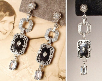 ANTIQUE 1920s Art Deco Black Camphor Glass Dangle Earrings, Silver Filigree Drop Rhinestone Flapper Bridal 1930s Vintage Wedding Edwardian