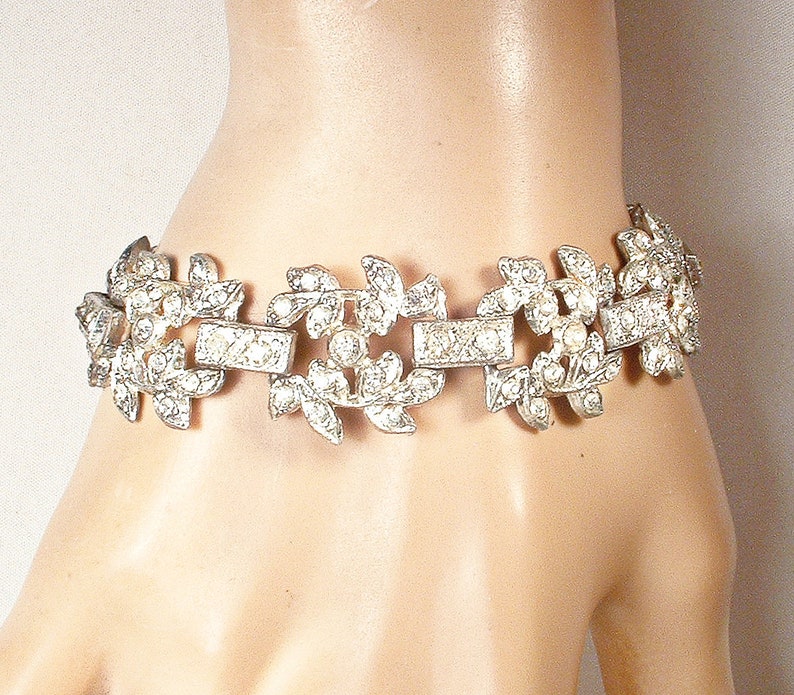 Antique Art Deco Paste Rhinestone Bridal Bracelet, Vintage 1930s Wide Crystal Leaf Link Bracelet, 1920s Wedding Great Gatsby/Rustic Chic image 6