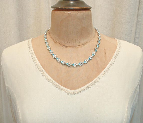 Vintage Aqua Rhinestone Necklace, BOGOFF 1940s Ar… - image 6