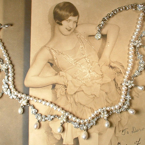 SiMaN Tu GENUINE Freshwater Ivory Pearl Art Deco Choker Necklace,Signed Cubic Zirconia Rhinestone Multi Strand 1920s Wedding/Bridal Ethereal