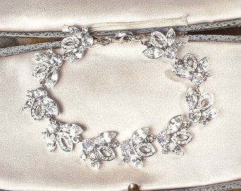 PRISTINE Vintage Art Deco Glam Rhinestone Bridal Bracelet, Lacy Pave Marquise Crystal Leaf Silver Wide Link, Old Hollywood Wedding Jewelry
