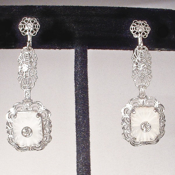 Antique 1920s Camphor Glass Earrings,Art Deco Sterling Silver Filigree Rhinestone Dangle Gatsby Vintage 1920 Bridal Wedding Jewelry Screw On