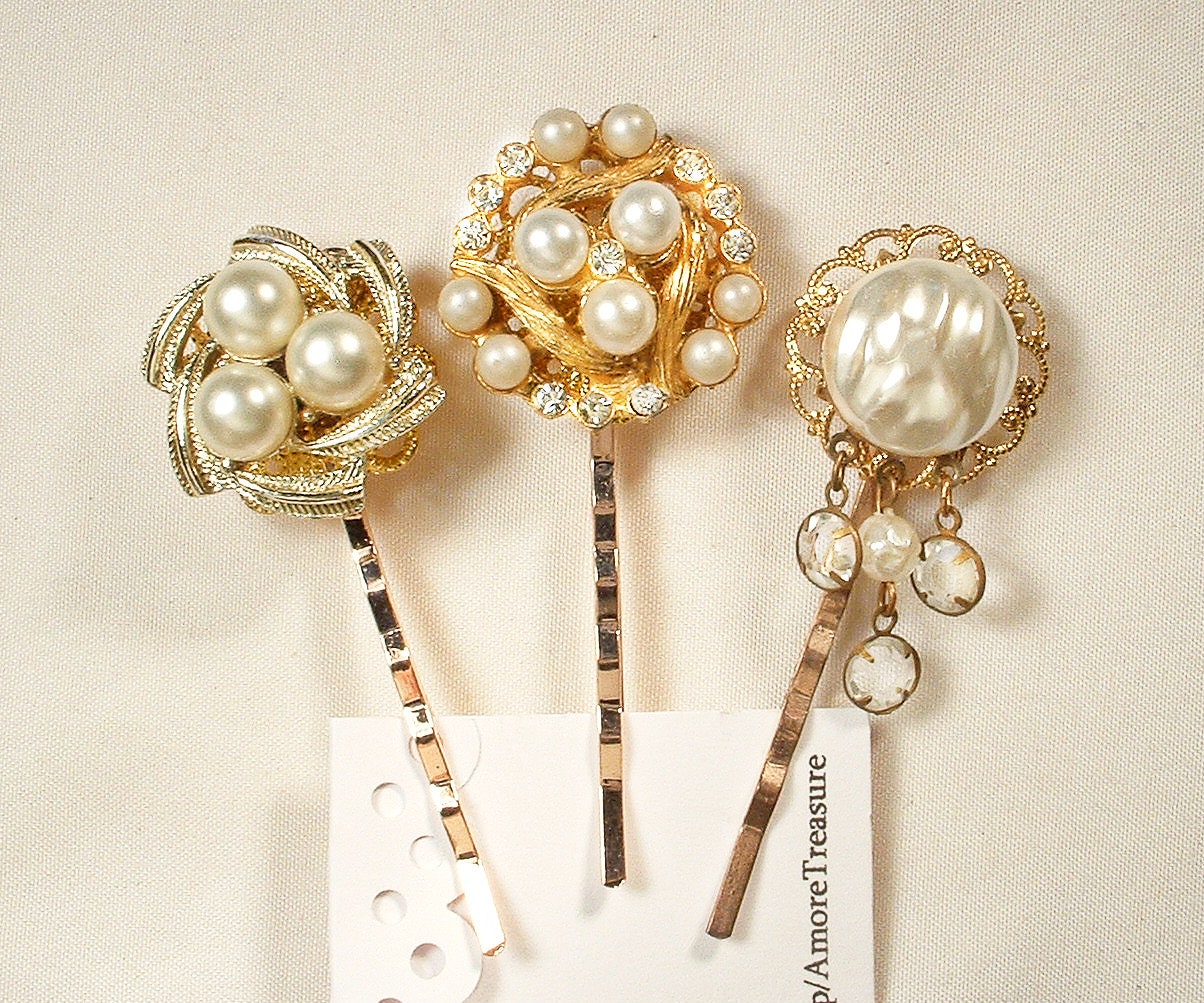 1 Something Old Vintage Hair Pin gold Ivory Pearl Rhinestone