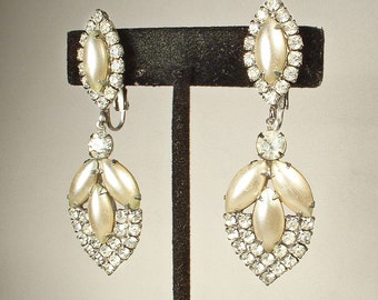 Vintage Glass Ivory Pearl/Rhinestone Art Deco Earrings, Silver Drop Dangle 1920s Wedding/Bridal Long Statement Gatsby Flapper Gift Clip On