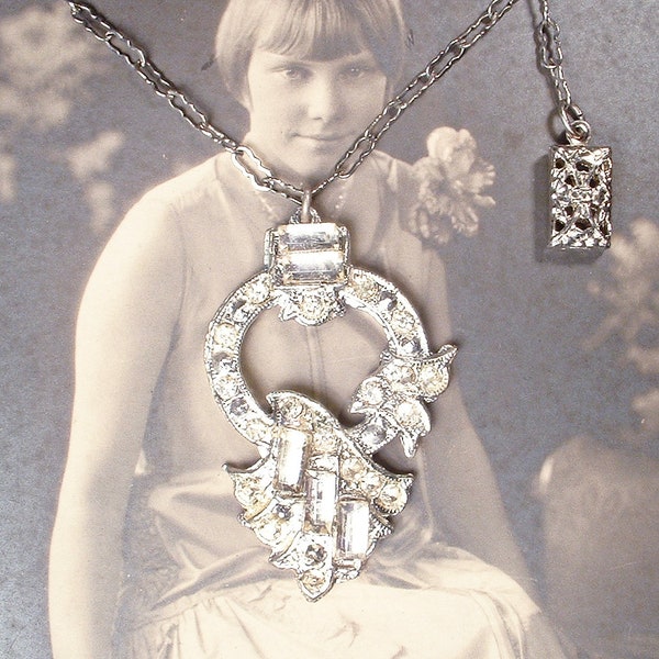 ANTIQUE Art Deco Rhinestone Flapper Pendant Necklace, 1920s Gatsby Bridal Paste Crystal, Edwardian 1930s Vintage Wedding Downton Pot Metal