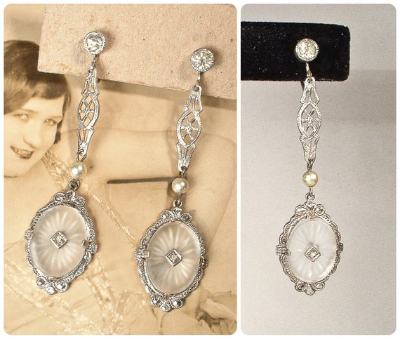 ANTiQUe 1920s DIAMOND Camphor Glass Dangle Earrin… - image 1