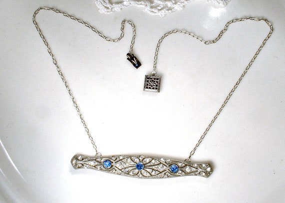 Sterling Silver Bar Pendant Necklace-Handmade-2 Tone Metals-Rhinestones-Crystals-Redesigned Vintage Brooch-Minimalist-OOAK-WishAnWearJewelry