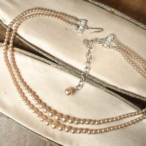 1940s Vintage Art Deco Champagne Ivory Glass Pearl Necklace,Multi 2 Two Strand 1920s Bridal/Wedding Graduated Rhinestone Adjustable PRISTINE