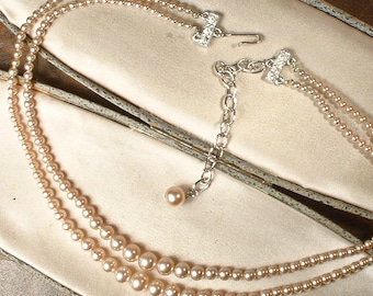 1940s Vintage Art Deco Champagne Ivory Glass Pearl Necklace,Multi 2 Two Strand 1920s Bridal/Wedding Graduated Rhinestone Adjustable PRISTINE