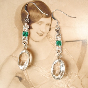 OOAK Vintage Art Deco Cut Crystal Emerald Flapper Earrings, Green Rhinestone Dangle Drop, Sterling Silver Gatsby Bridal 1920s Wedding 1940s