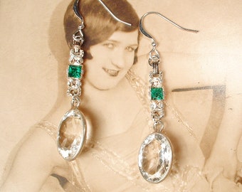 OOAK Vintage Art Deco Cut Crystal Emerald Flapper Earrings, Green Rhinestone Dangle Drop, Sterling Silver Gatsby Bridal 1920s Wedding 1940s