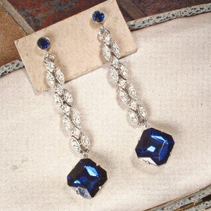 ANTIQUE Art Deco Sapphire Paste Rhinestone Flapper Dangle Earrings, Long Bridal Drop Silver Something Blue Old, Vintage 1920s Wedding Navy