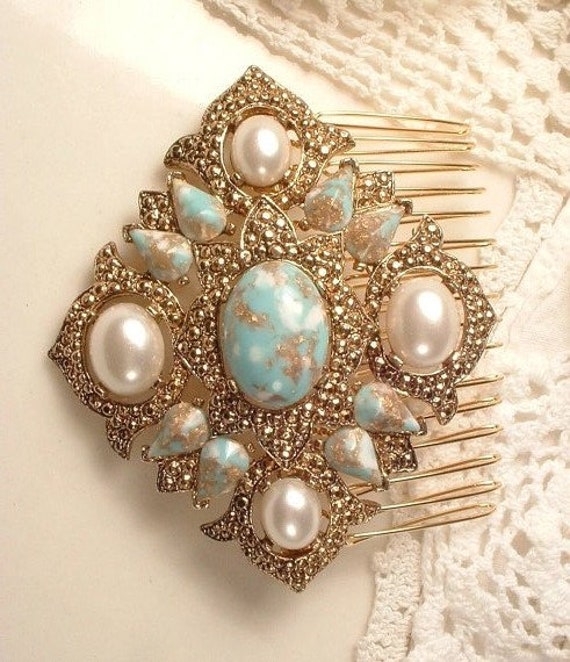 Turquoise Ivory Pearl Gold Bridal Hair Comb & Pin… - image 8