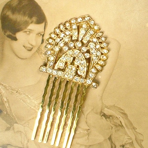 OOAK Antik 1930er Jahre Art Deco Gold Haarkamm, große Paste Rhinestone-Kleiderclip / Kopfschmuck, 1920er Jahre Vintage Hochzeit Great Gatsby Downton Kopfschmuck