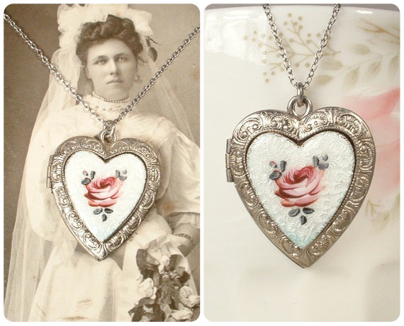 ANTIQUE 1920s Guilloche Rose Heart Necklace,STERL… - image 1