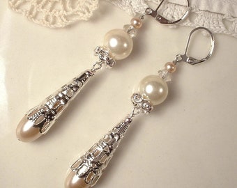 Art Deco Nude/Champagne, Ivory Pearl Rhinestone Long Silver Bridal Drop Earrings,1920s Vintage Flapper Jewelry Great Gatsby Statement Dangle