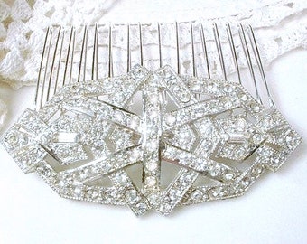 Antique 1930s Hair Comb OR Wedding Dress Sash Brooch, Vintage Art Deco Bridal Headpiece,Pave Rhinestone Flapper Gatsby Hair Piece 1920s