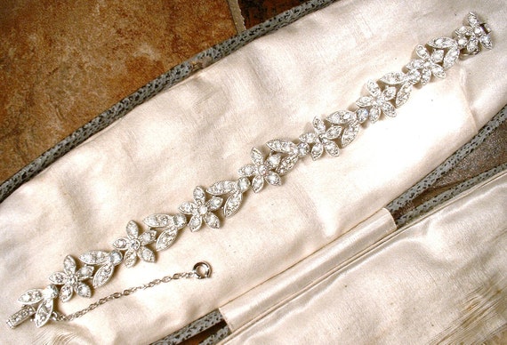Silver Paste 1920 Vintage Wedding Flapper 1930s Art Deco Red Filigree Pave Wide Link Bridal Antique 1920s Ruby Red Rhinestone Bracelet
