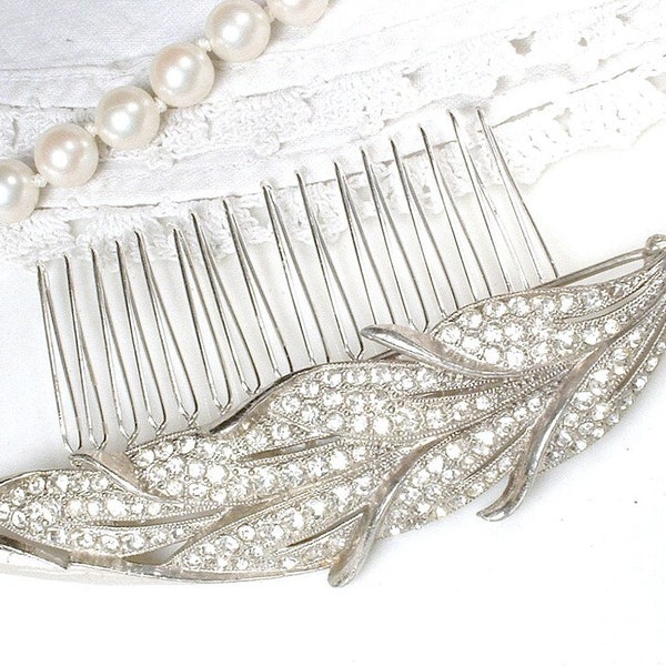 1930 Vintage Art Deco Silver Leaf Bridal Hair Comb/Sash Brooch,Crystal Rhinestone Antique OOAK Long Downton Abbey Wedding Hair Piece Feather